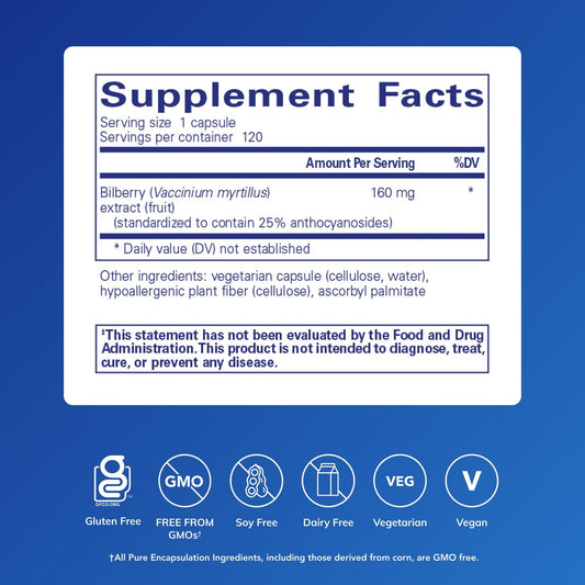 Pure Encapsulations Bilberry supplement showing nutritional facts and standardized anthocyanidins content