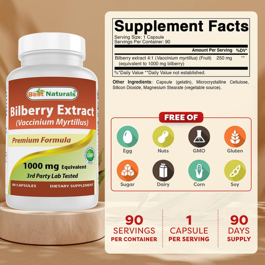 Best Naturals Bilberry Extract bottle showing non-GMO and gluten-free labels