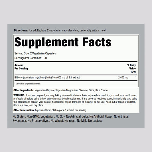Piping Rock super concentrated bilberry extract 200 vegetarian capsules label details