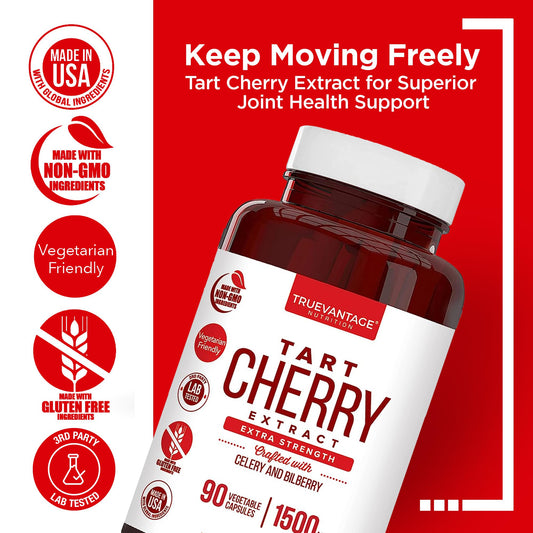 Truevantage Nutrition Tart Cherry Bilberry Celery Seed dietary supplement bottle side label showing ingredients.