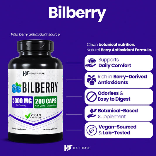 Healthfare Bilberry ultra strength extract capsules showing product label with supplement facts