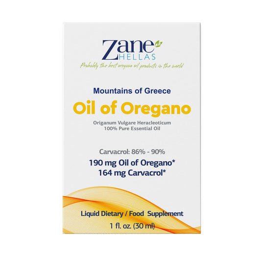 Zane Hellas pure oregano oil supplement packaging highlighting 86 percent minimum carvacrol content.