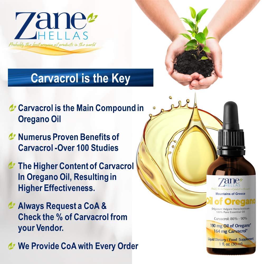 Authentic USA imported Zane Hellas oil of oregano packaging for digestive wellness.