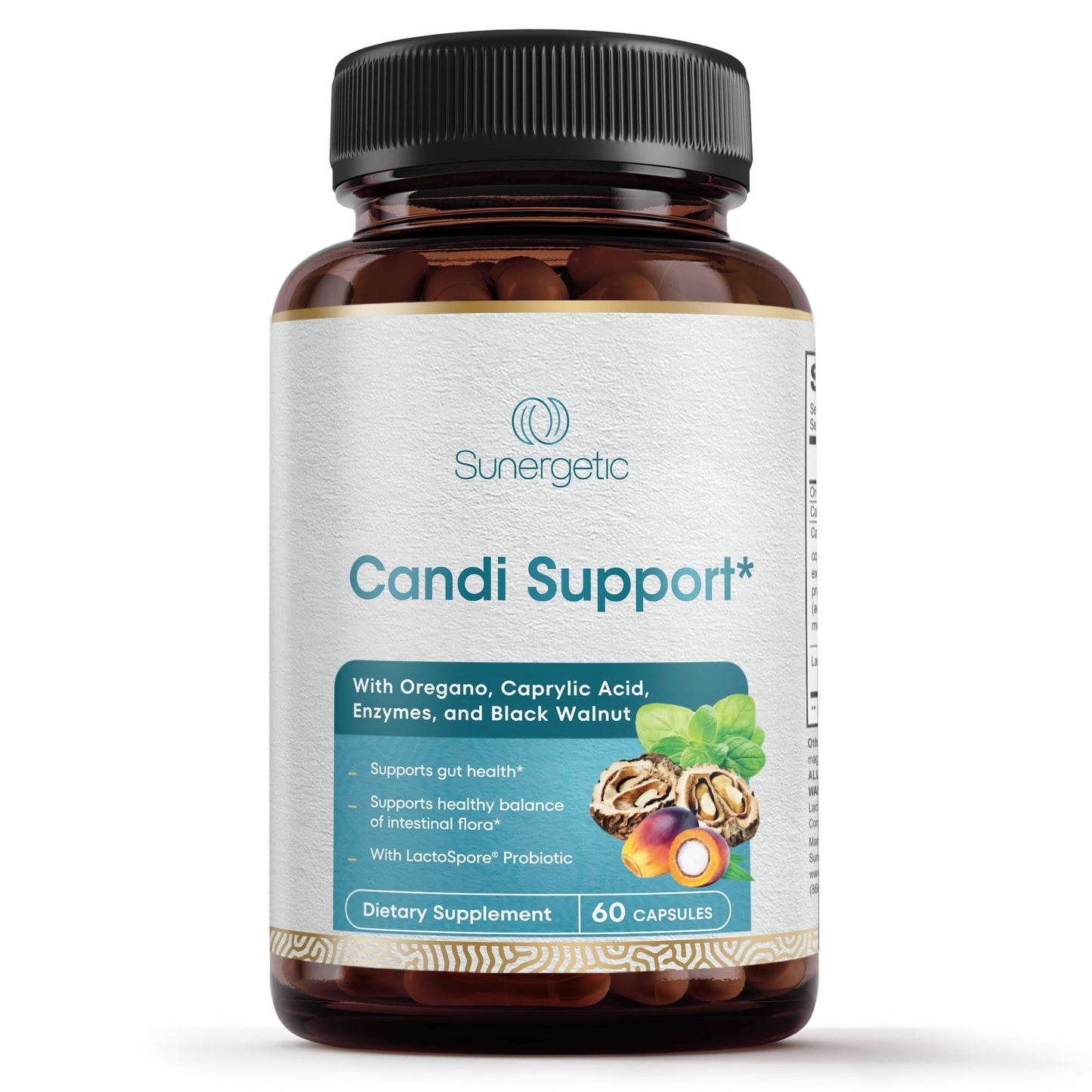 Side profile of authentic imported Sunergetic candida cleanse supplement bottle from Rudra Retails