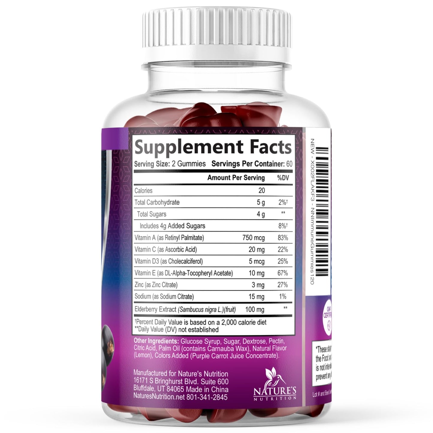 Nature's Nutrition triple action black elderberry 120 gummies supplement bottle showcasing high potency 35 to 1 extract