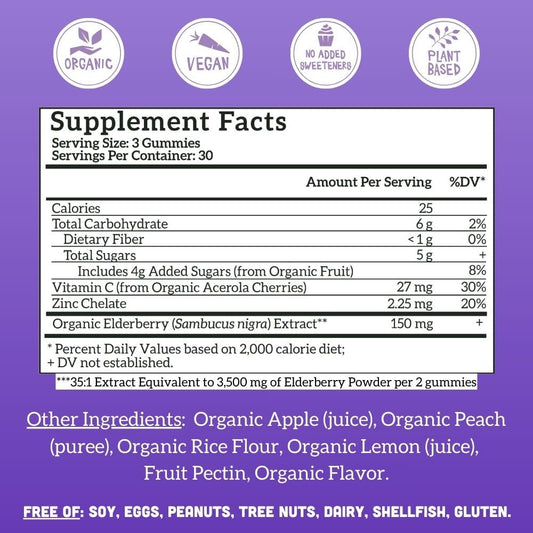 Side view of organic adult elderberry immunity bites showing nutrition facts with zinc and vitamin c.
