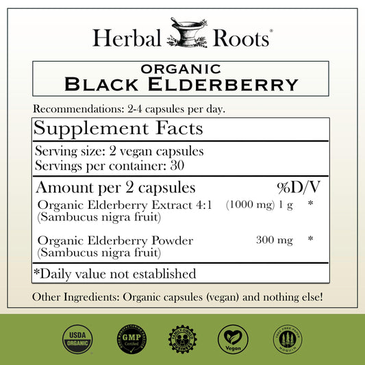 Herbal Roots organic Sambucus nigra immune support capsules supplement facts label.