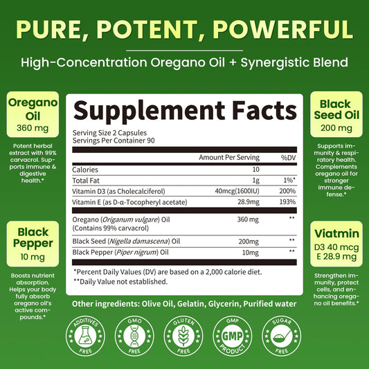 Lukaree oregano oil capsules supplement facts label and 5-in-1 ingredient list close up