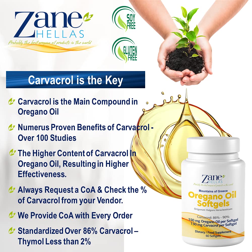 Zane Hellas wild Greek oregano oil softgels side view instructions