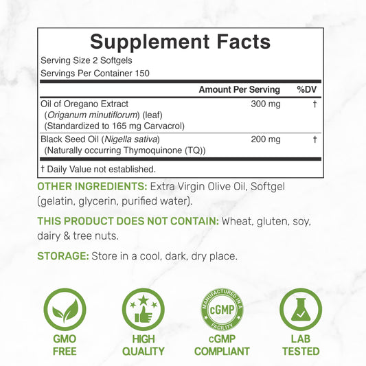 Deal Supplement Oregano and Black Cumin Seed Oil supplement facts and ingredient label side view