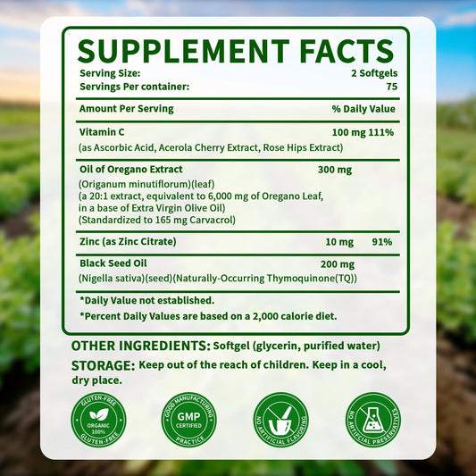 Nature's Live PWERD 4-in-1 formula supplement showing black seed oil and zinc benefits