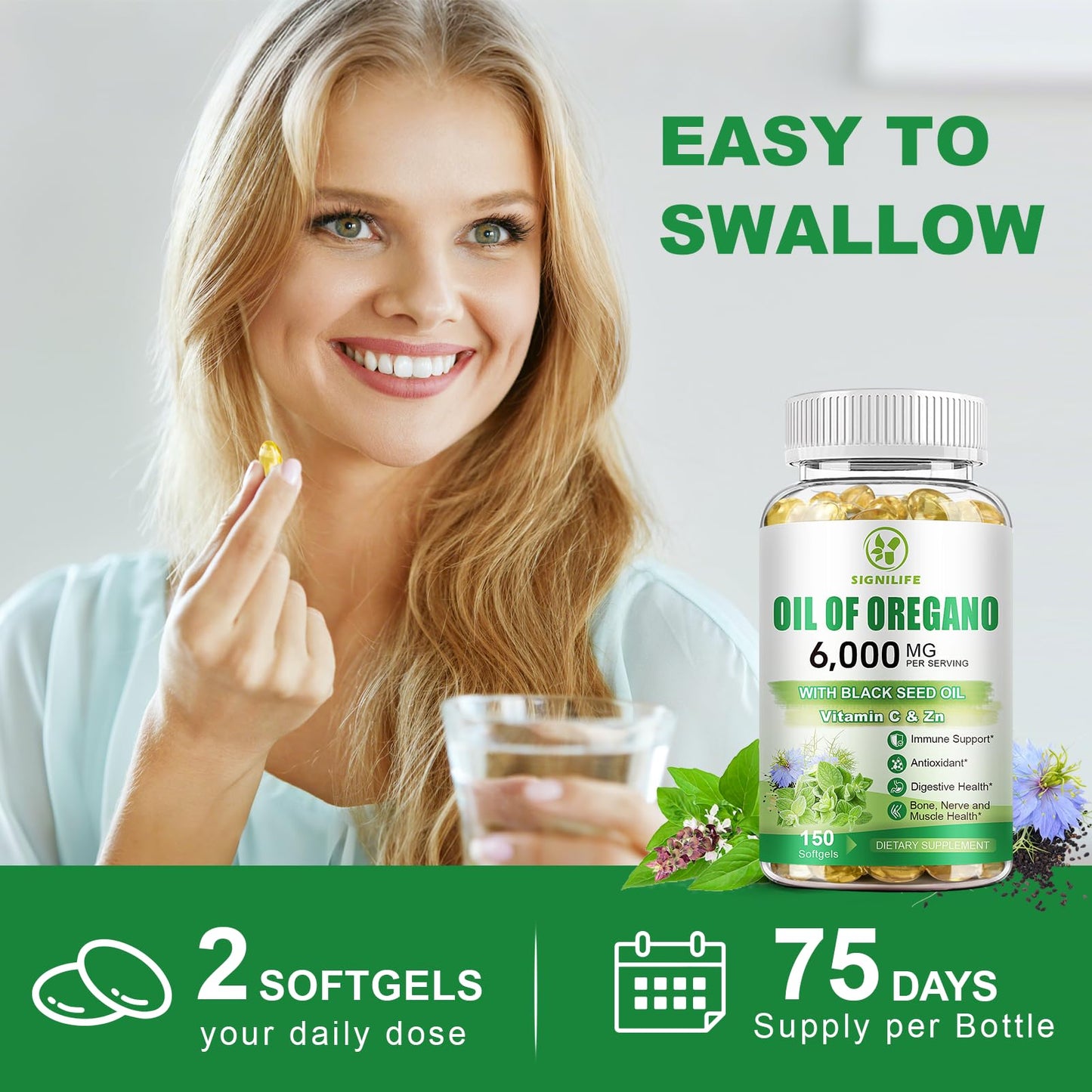Authentic amber bottle of SIGNILIFE dietary capsules showing secure safety seal under the cap.