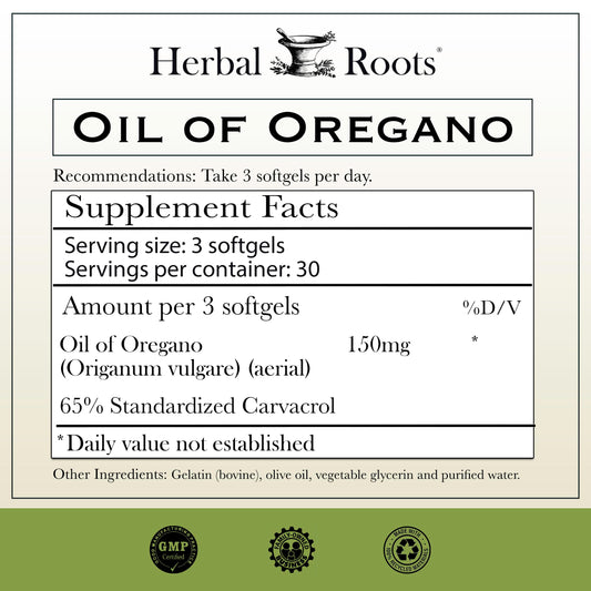 Herbal Roots Mediterranean oregano oil capsules supplement facts and ingredient label