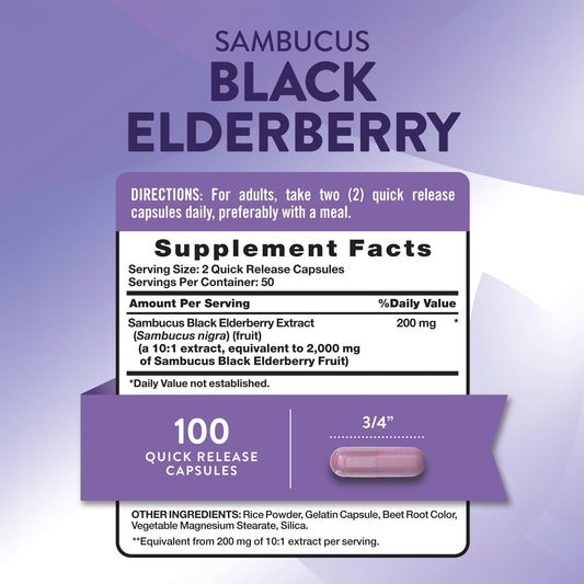 Nature's Truth Sambucus black elderberry 2000 mg supplement label facts and dietary attributes