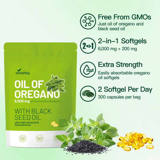VivoNu Oil of Oregano packaging showing dietary supplement facts and natural ingredients list.