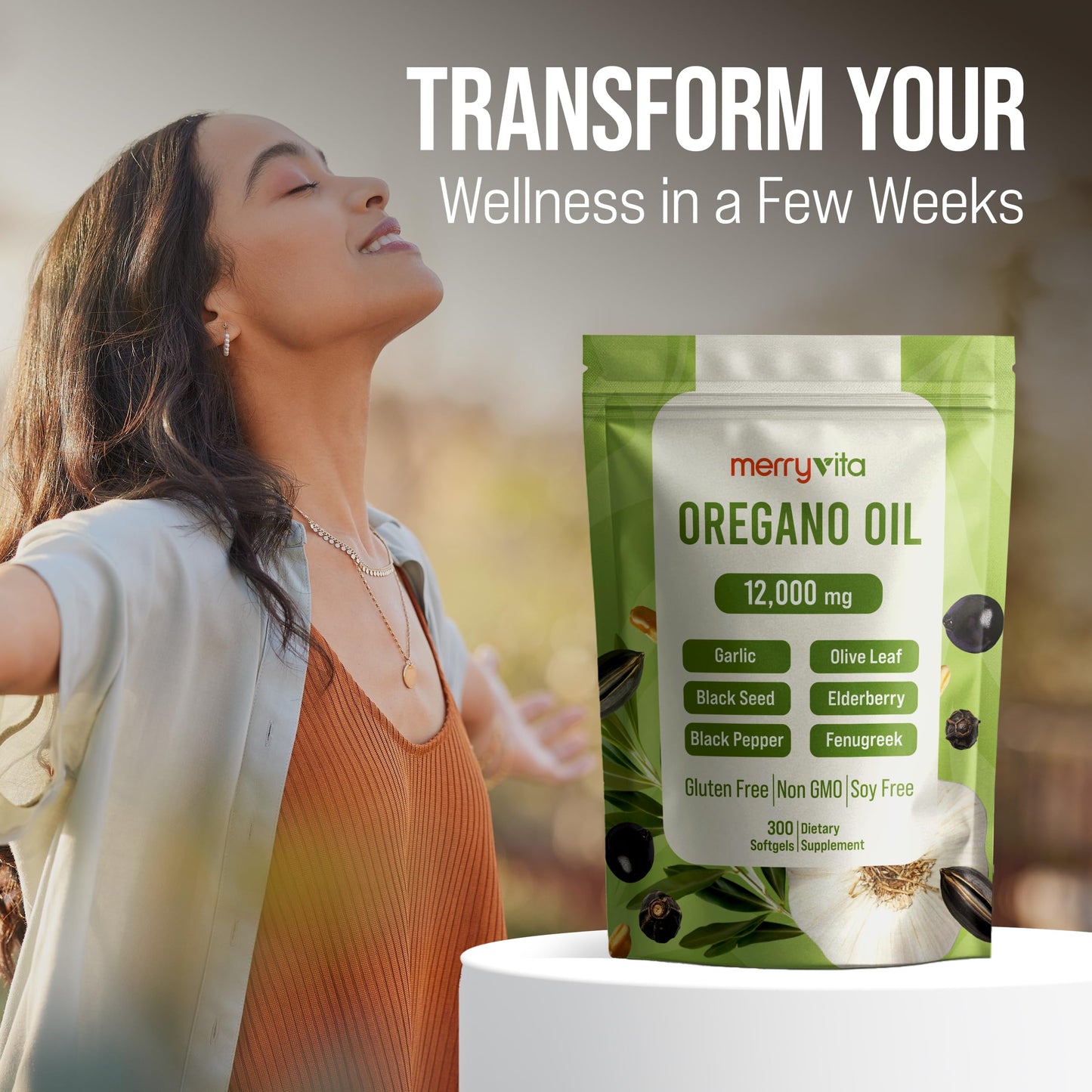 Authentic imported Merry Vita Oregano Oil capsules complex showing full retail packaging for Indian e-commerce buyers.