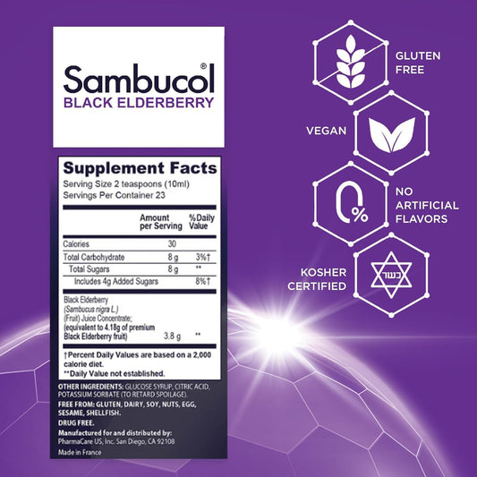 Sambucol liquid immune supplement bottles showing supplement facts and premium elderberry dosage indicators.