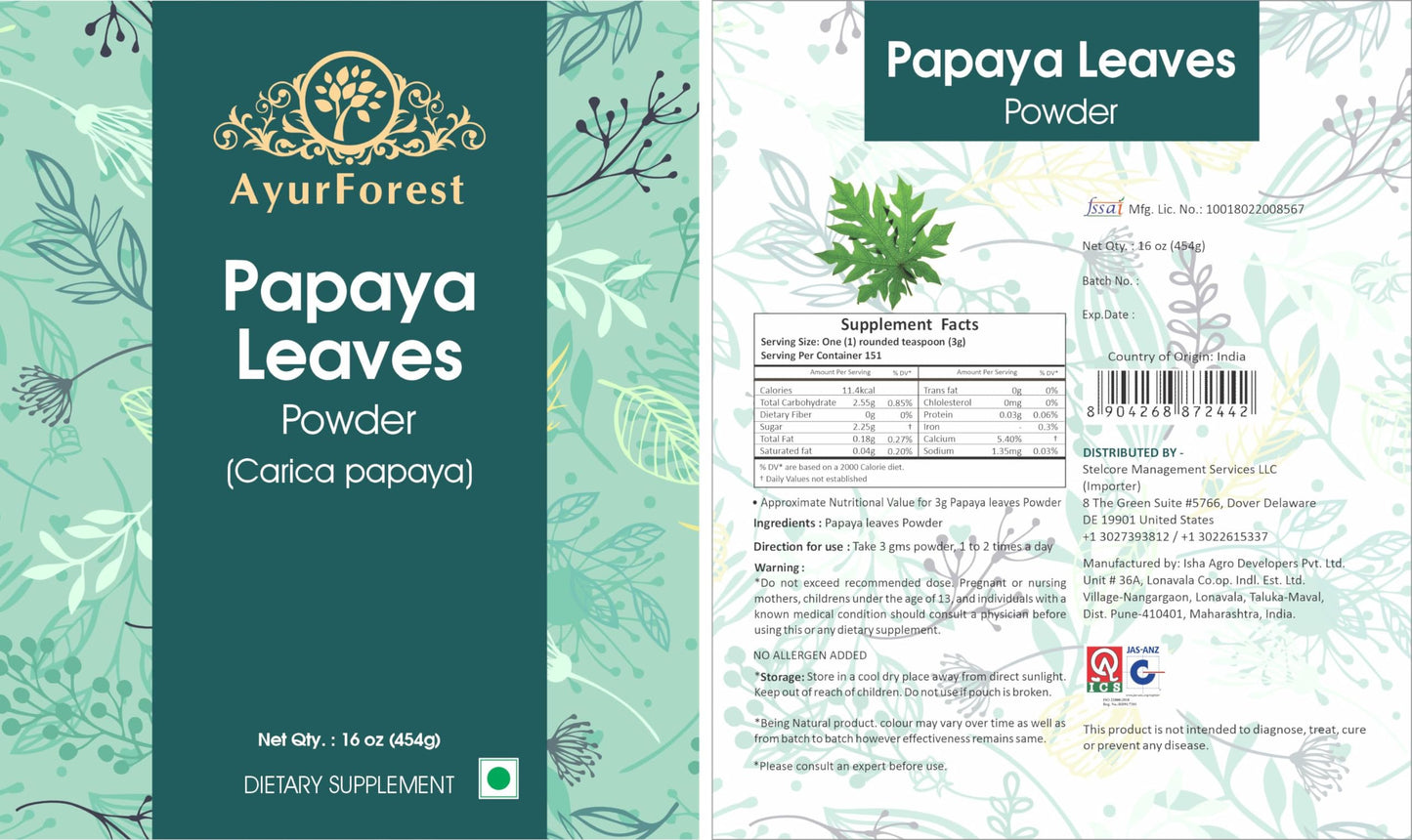 AyurForest 454 gram papaya leaf powder supplement packaging