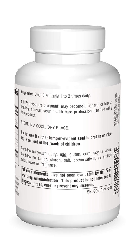 Source Naturals Evening Primrose Oil 500mg showing hexane free cold pressed extraction text on label