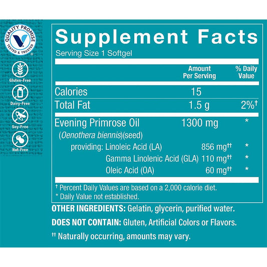 Cold pressed evening primrose oil capsules ingredient list and supplement facts panel on the back of the bottle