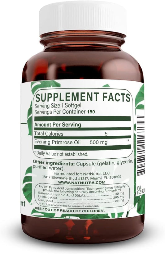 Natural Nutra cold pressed evening primrose oil capsule details and supplement facts label