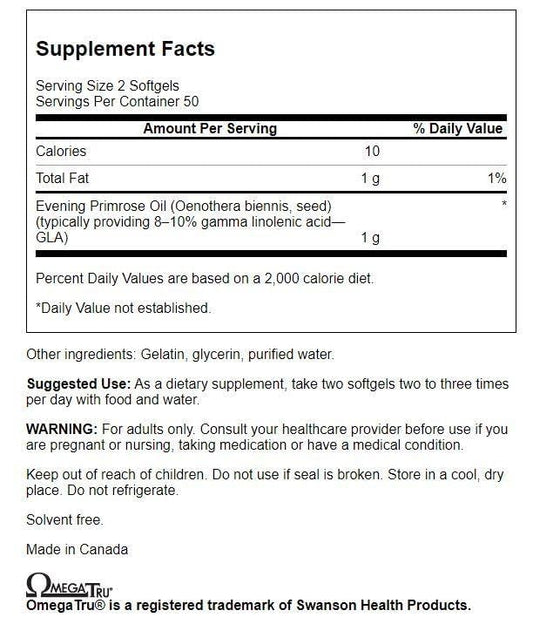Swanson OmegaTru cold-pressed evening primrose oil 100 softgels label details