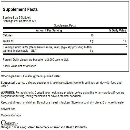 Swanson Evening Primrose Oil supplement facts label showing gamma linolenic acid ingredients