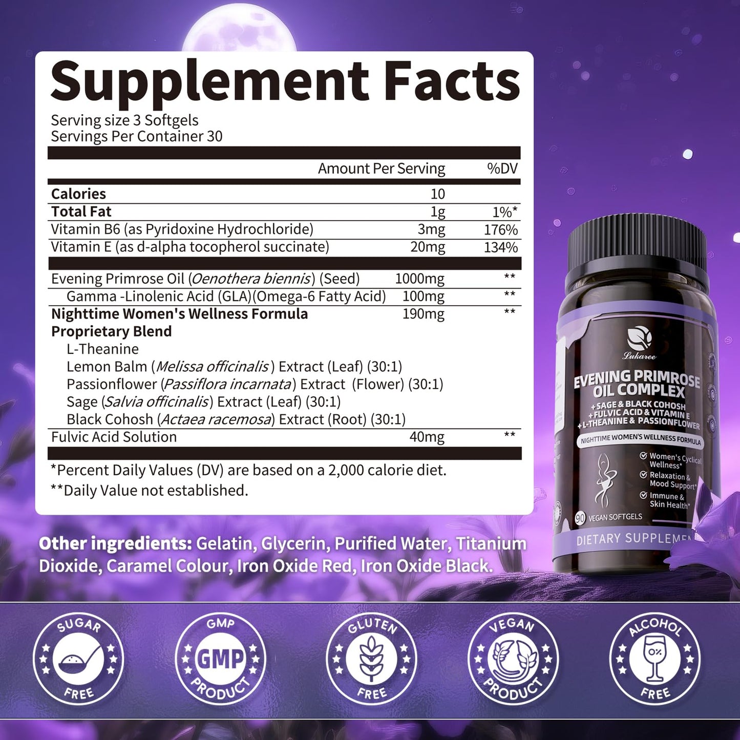 Lukaree women nighttime wellness supplement containing sage black cohosh and l theanine