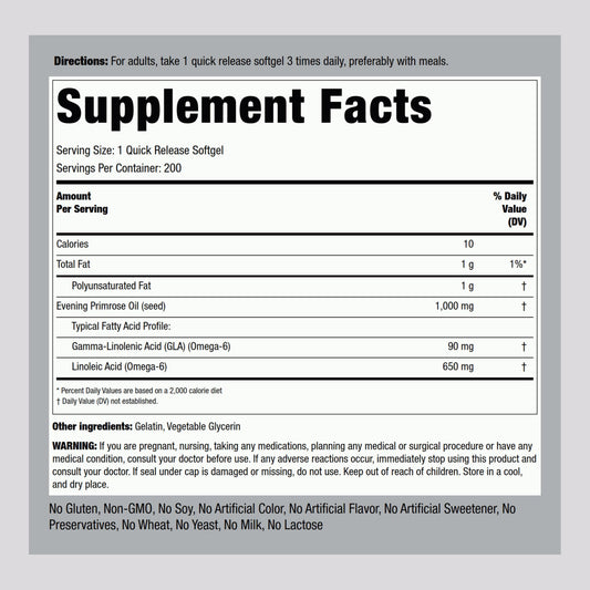 Piping Rock cold pressed evening primrose oil capsules nutritional facts label closeup