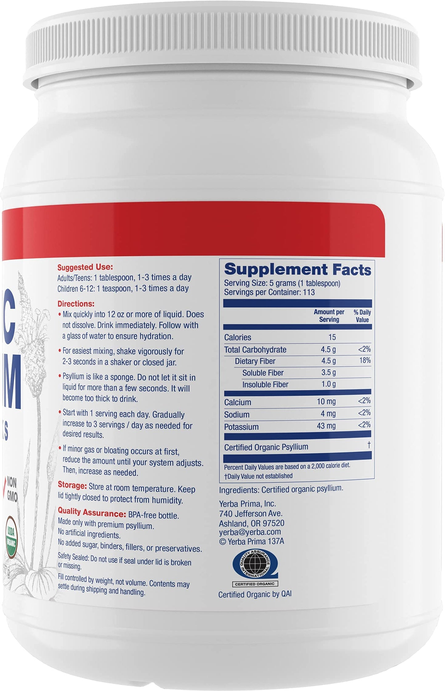 Yerba Prima Organic Psyllium Whole Husks 20 Ounce tub
