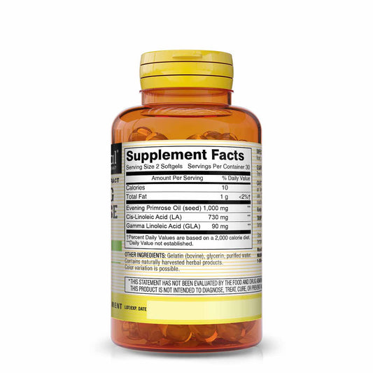 Mason Natural Evening Primrose Oil 60 softgels supplement facts label detailing GLA and LA content.