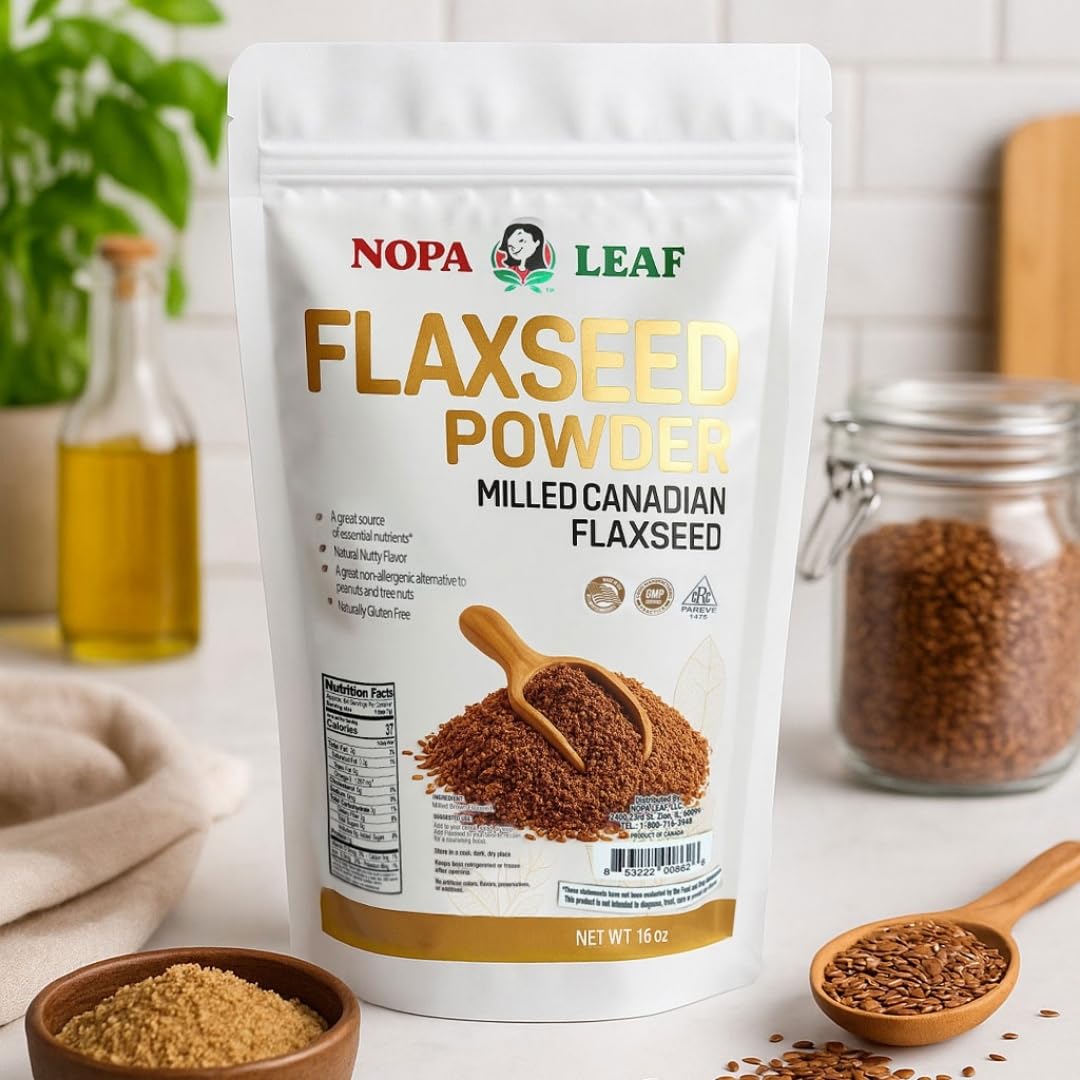 Nopalina Nopa Leaf milled brown flaxseed powder added to a morning wellness smoothie bowl