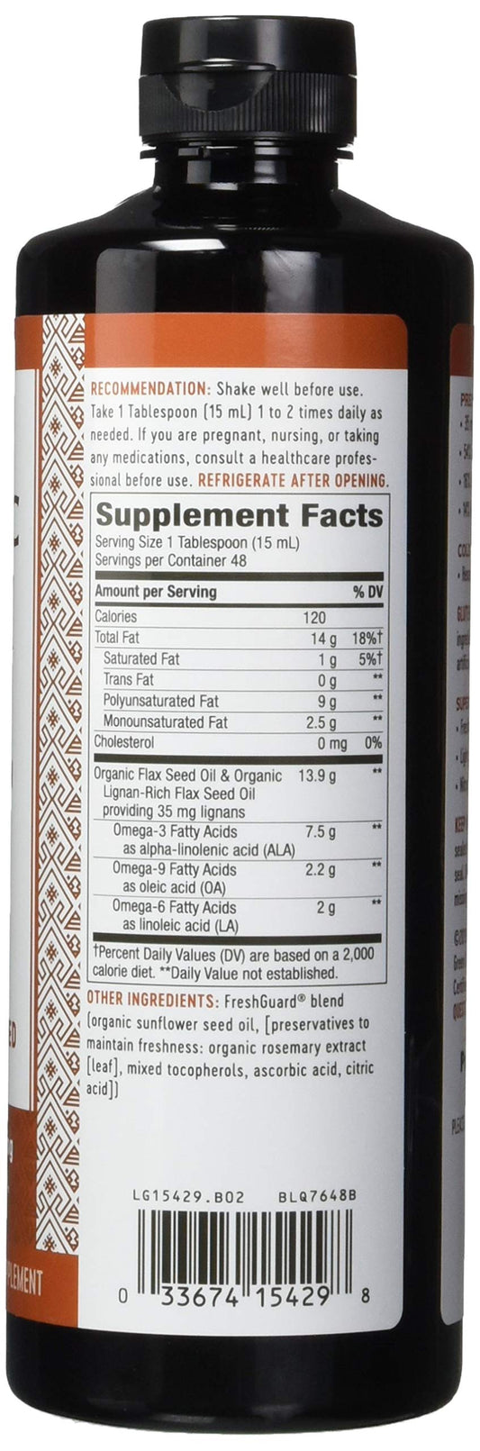 Nature's Way cold pressed organic flax oil liquid supplement nutrient facts label on the back panel