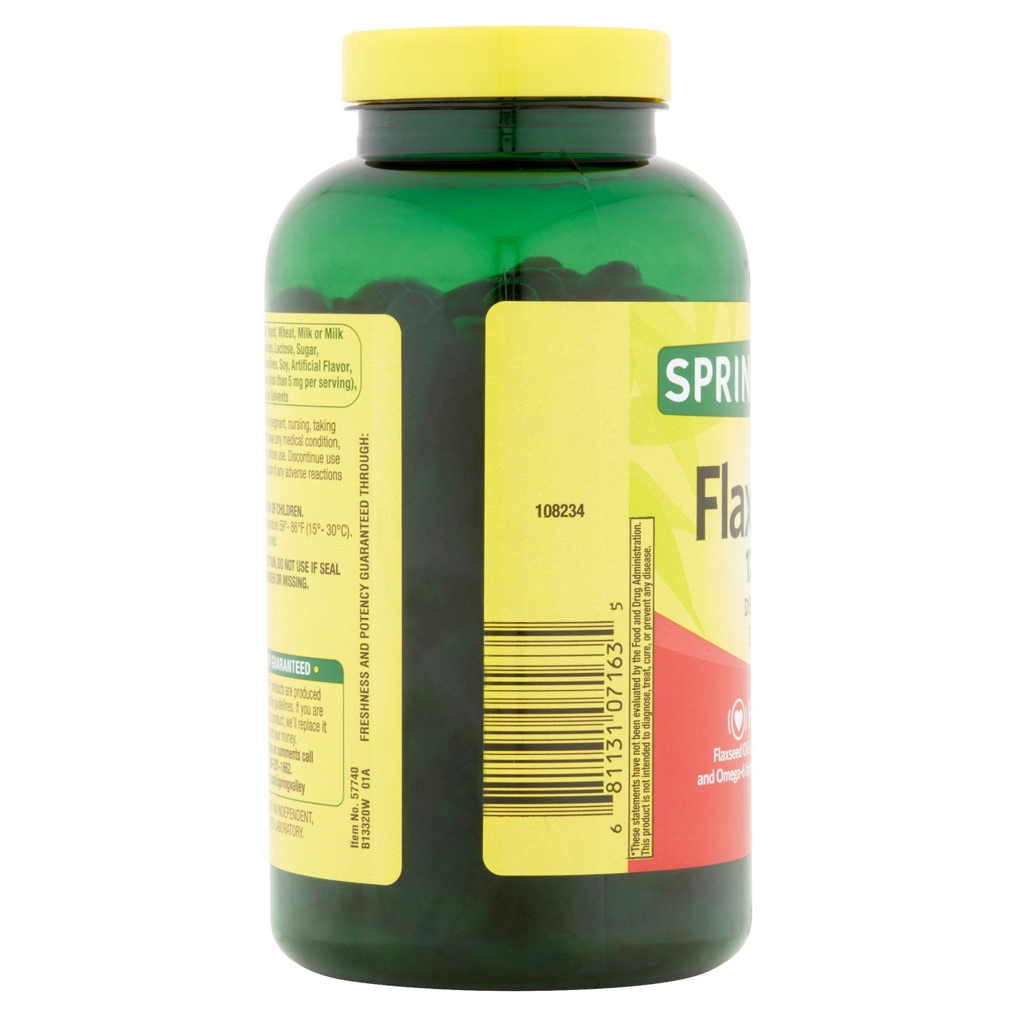 Spring Valley supplement nutritional facts panel highlighting hexane free organic flaxseed oil ingredients.