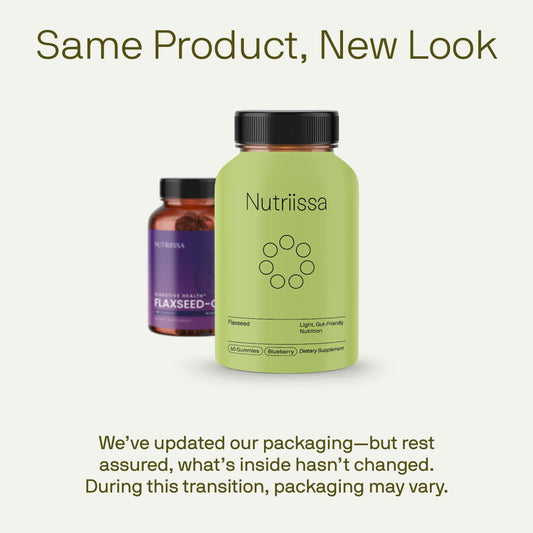 Nutriissa plant based omega supplement showing the light green bottle packaging and product details.