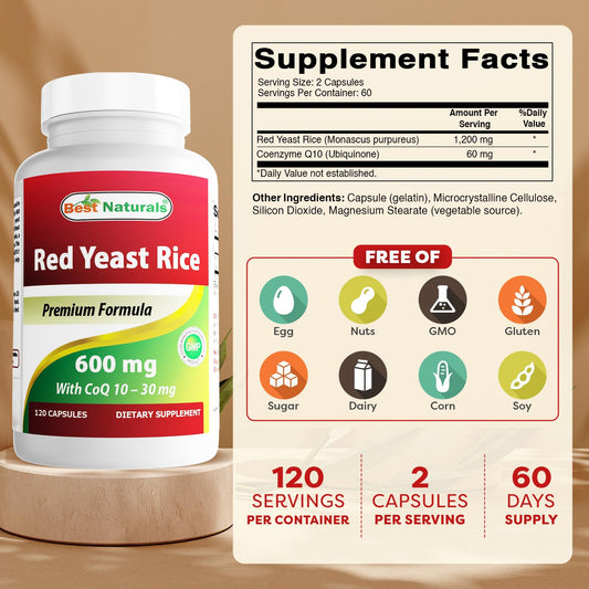 Best Naturals dietary supplement bottle showing 600 mg red yeast rice facts label