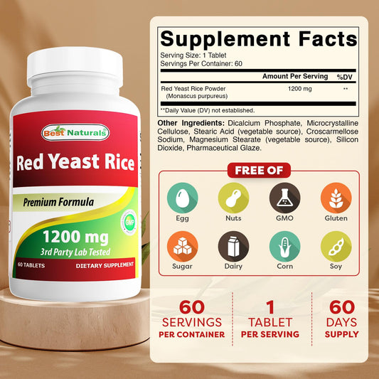 Best Naturals Red Yeast Rice supplement facts label showing 1200 mg serving size
