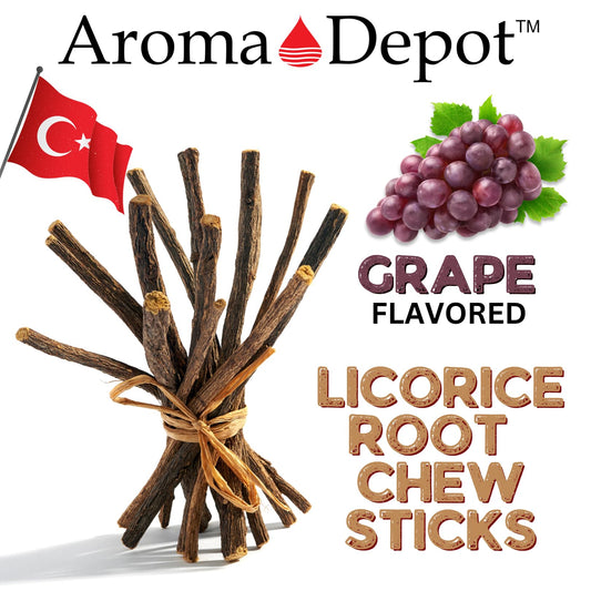 Close up of natural licorice root texture and grape flavor packaging