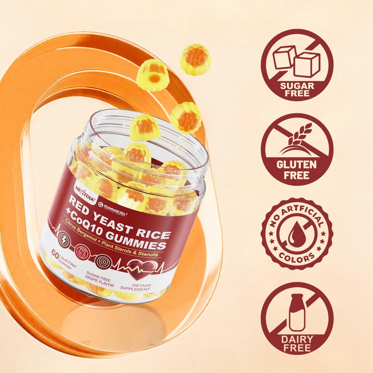 Nextdia Red Yeast Rice Gummies sugar-free and vegan certification badges