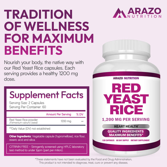Arazo Nutrition Red Yeast Rice 1200 Milligrams supplement label details side view
