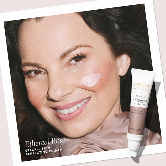 Close up of Laura Geller Ethereal Rose Glow primer pump dispenser