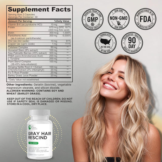 DR Vitamin Solutions Gray Hair Rescind dietary supplement bottle highlighting catalase and biotin ingredients for grey hair reversal