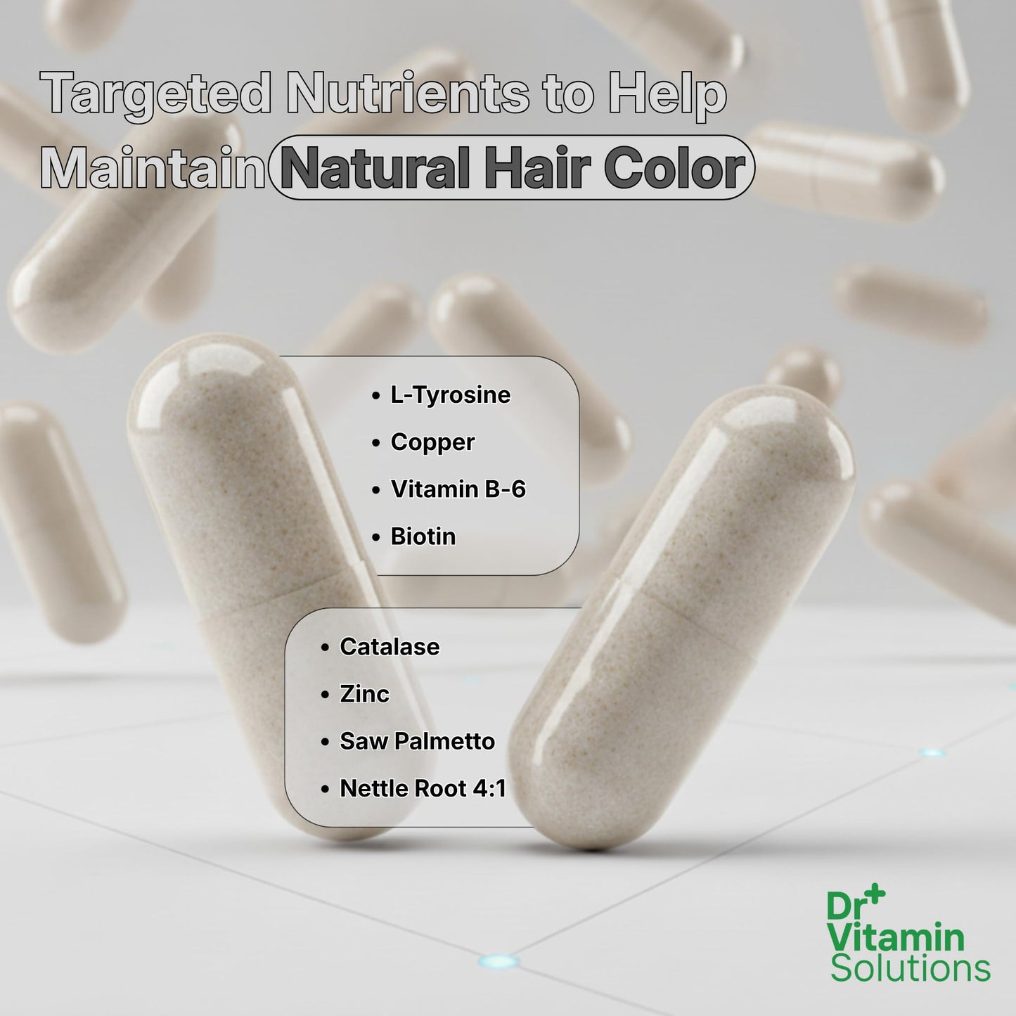 Premium packaging of DR Vitamin Solutions Gray Hair Rescind supplement authentic import for hair color support