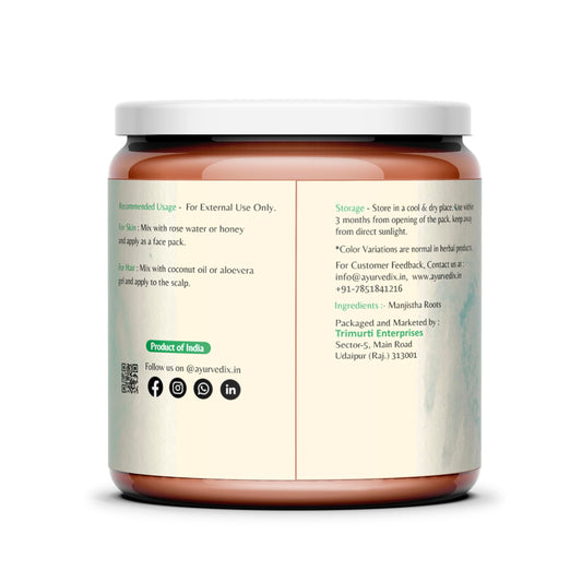 Pure Rubia Cordifolia root powder texture showing the natural herbal grind for face masks