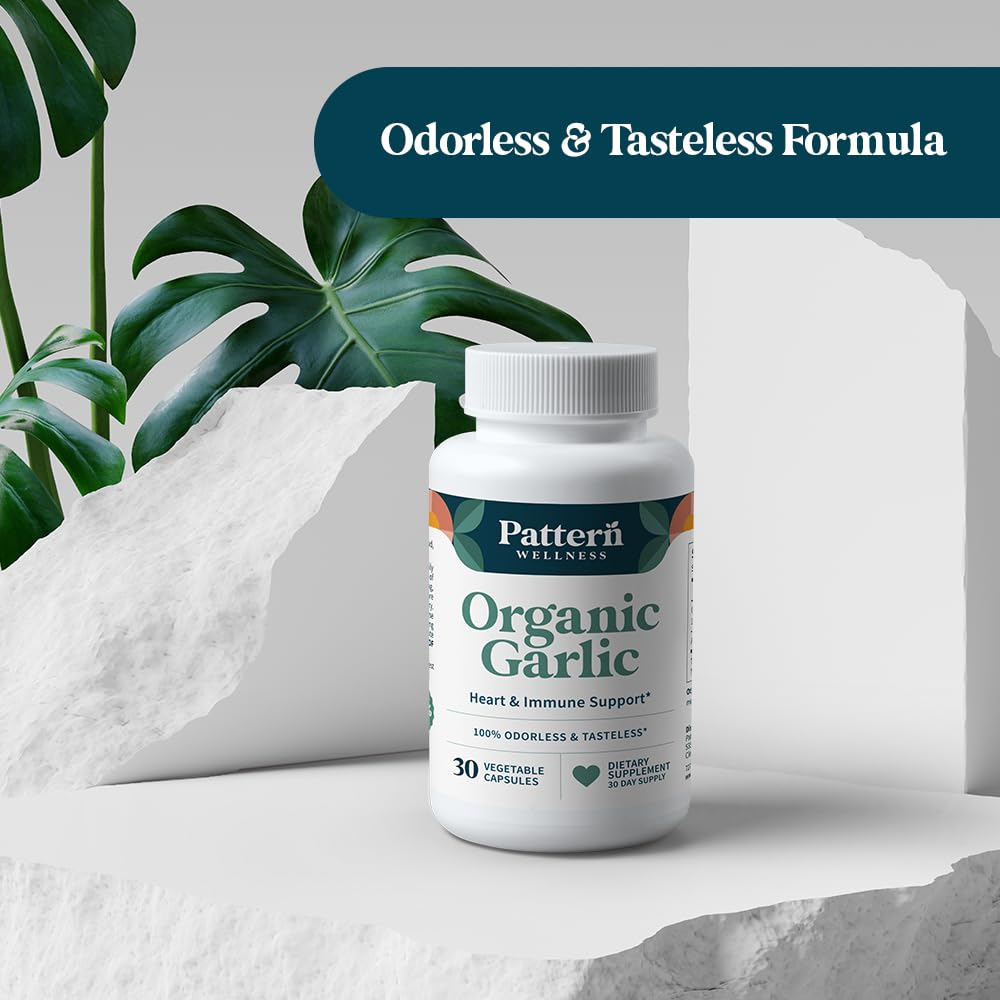 Authentic Pattern Wellness USA imported garlic supplement packaging displayed on a clean wellness background