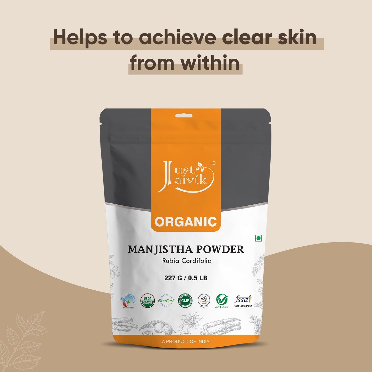 Back view of Just Jaivik Manjistha powder showing ingredients