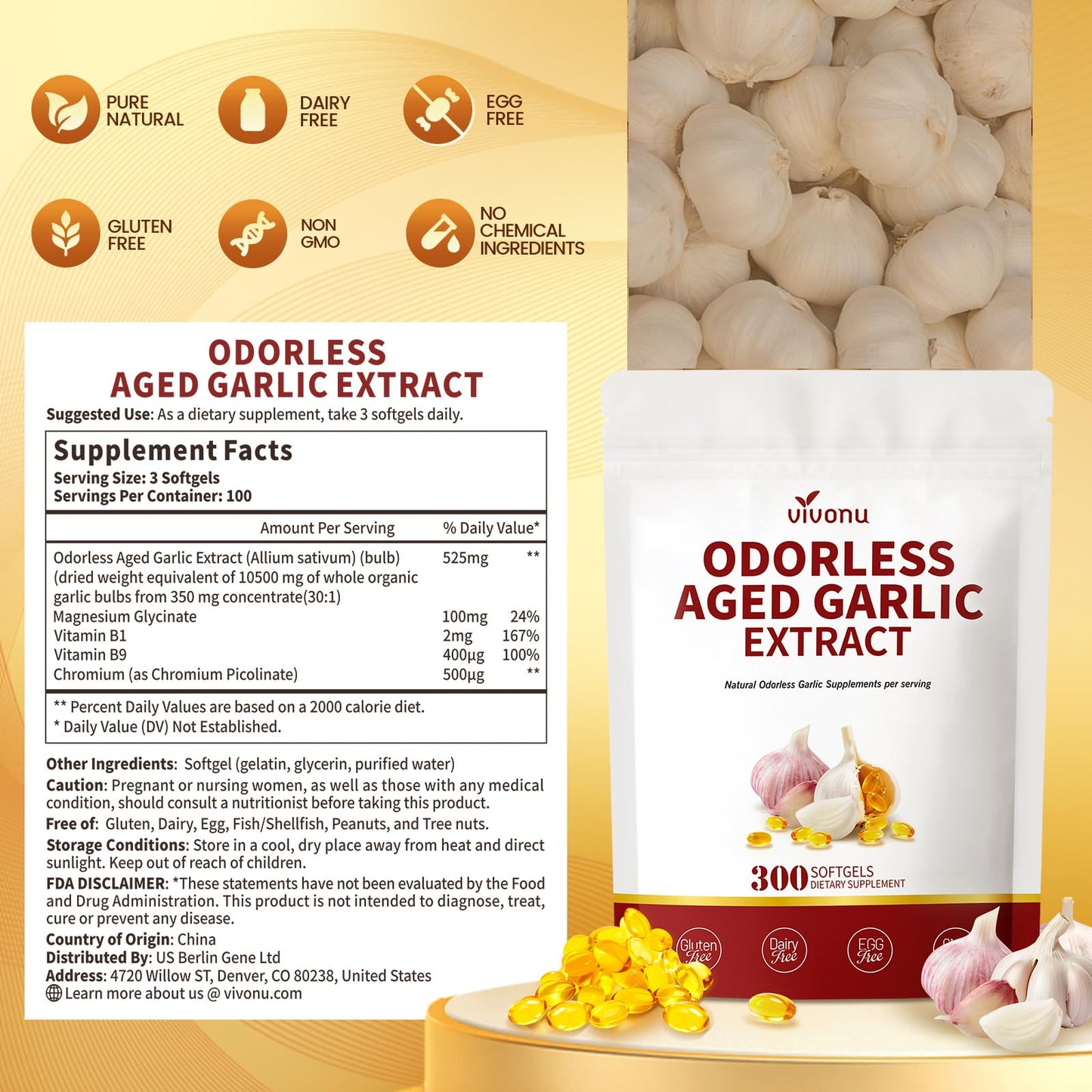 Authentic VivoNu aged garlic extract imported from USA product packaging layout