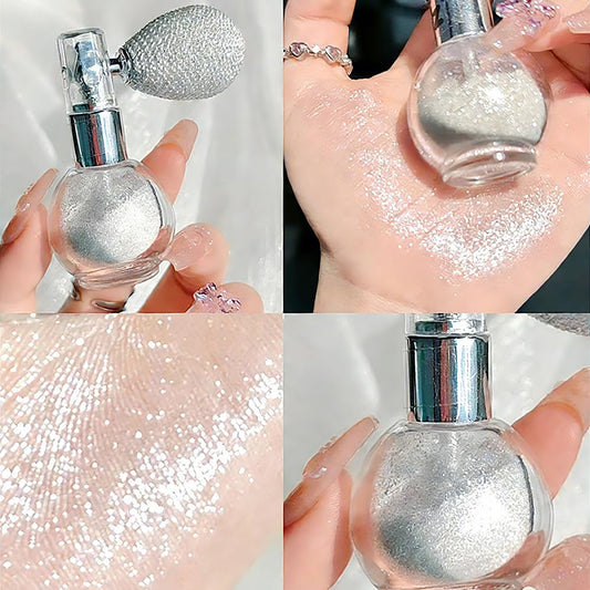 Minkissy pearl white high gloss shimmer makeup mist application on collarbone and shoulders