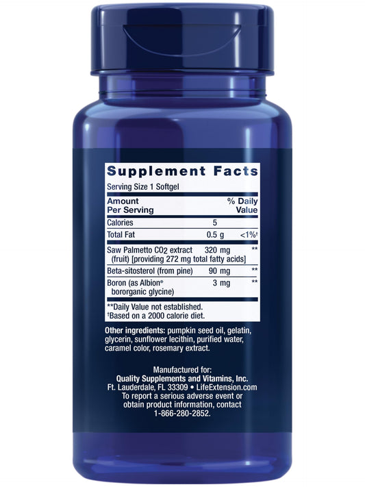 Life Extension PalmettoGuard prostate support supplement showing nutrition facts and ingredient breakdown.