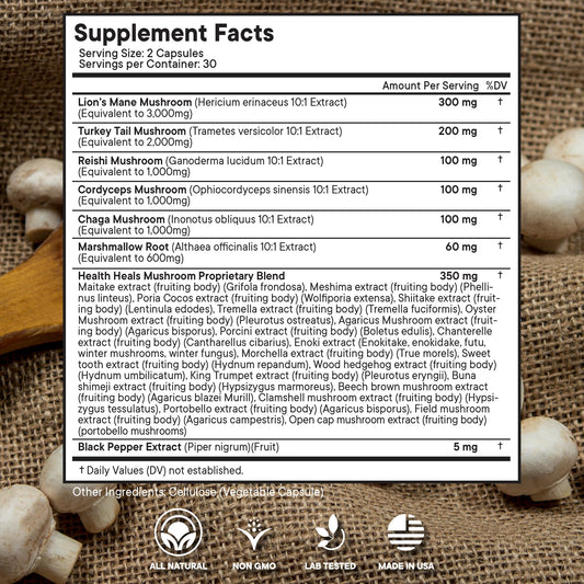 Health Heals mushroom blend capsule bottle labels and ingredients